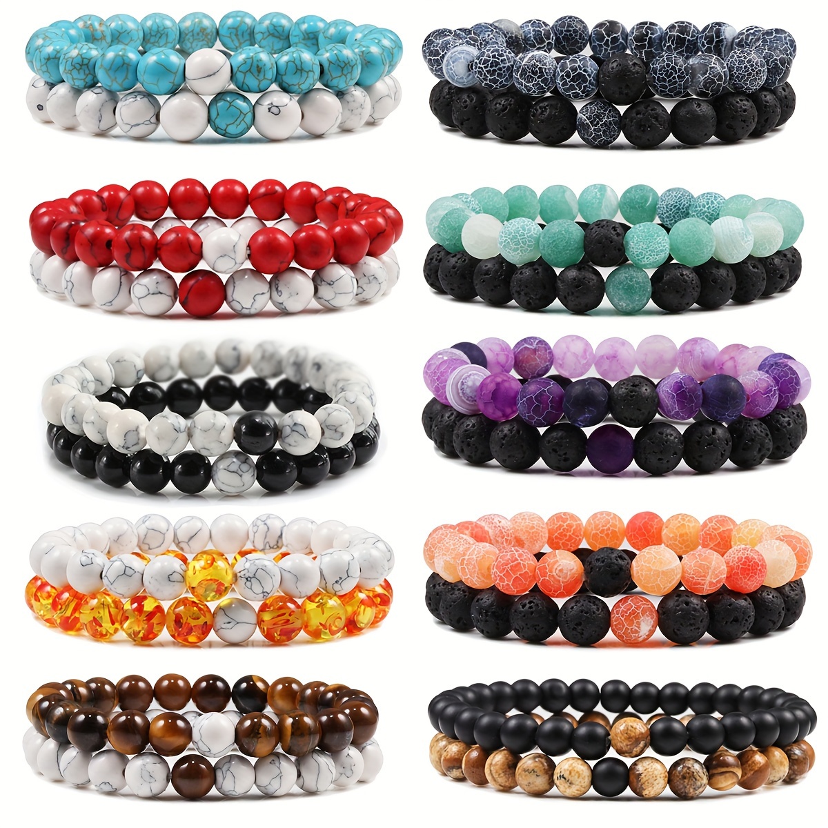 Boho Style Stone Bead Bracelets for Couples - Set of 2